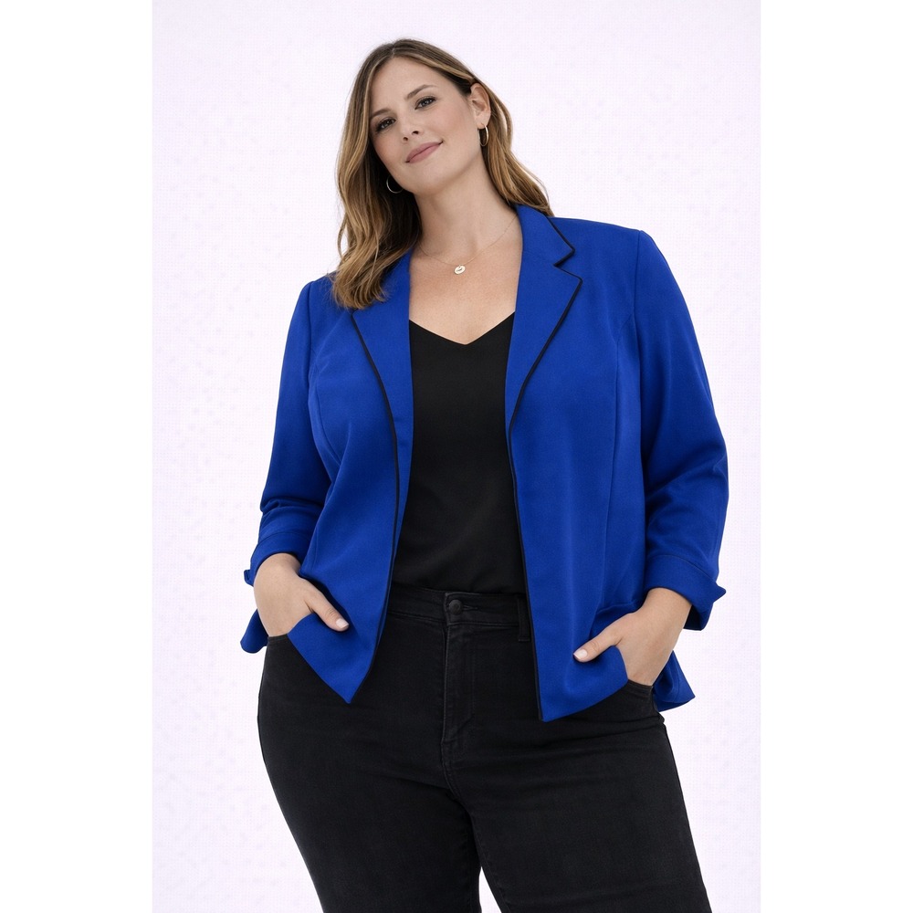 Perceptions‎ Blazer Women 16 Royal Blue Open Front Black Piped Trim  Jacket